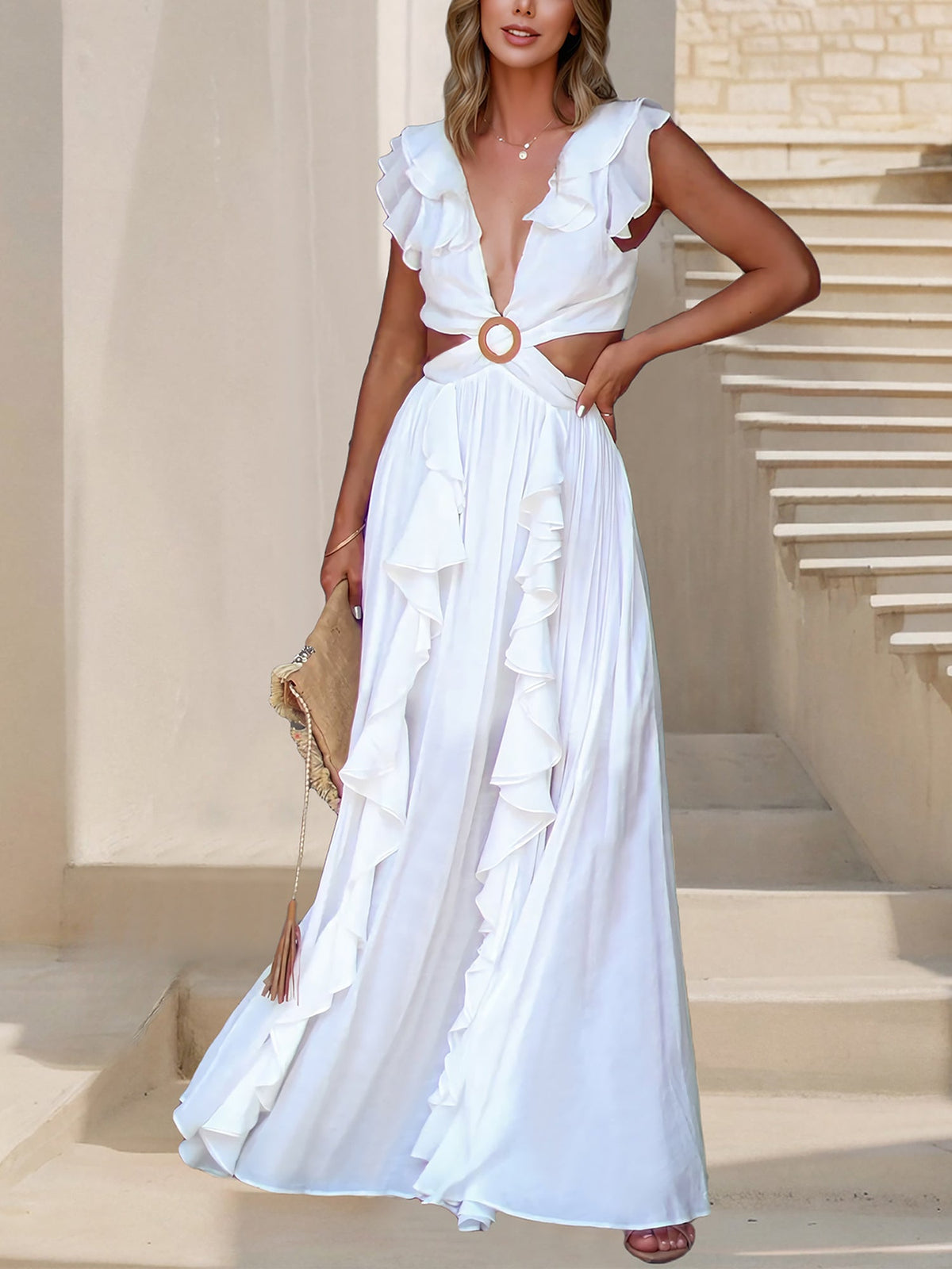 Boho Backless Lace-up Ruffled Cut Out Slit Maxi Dress