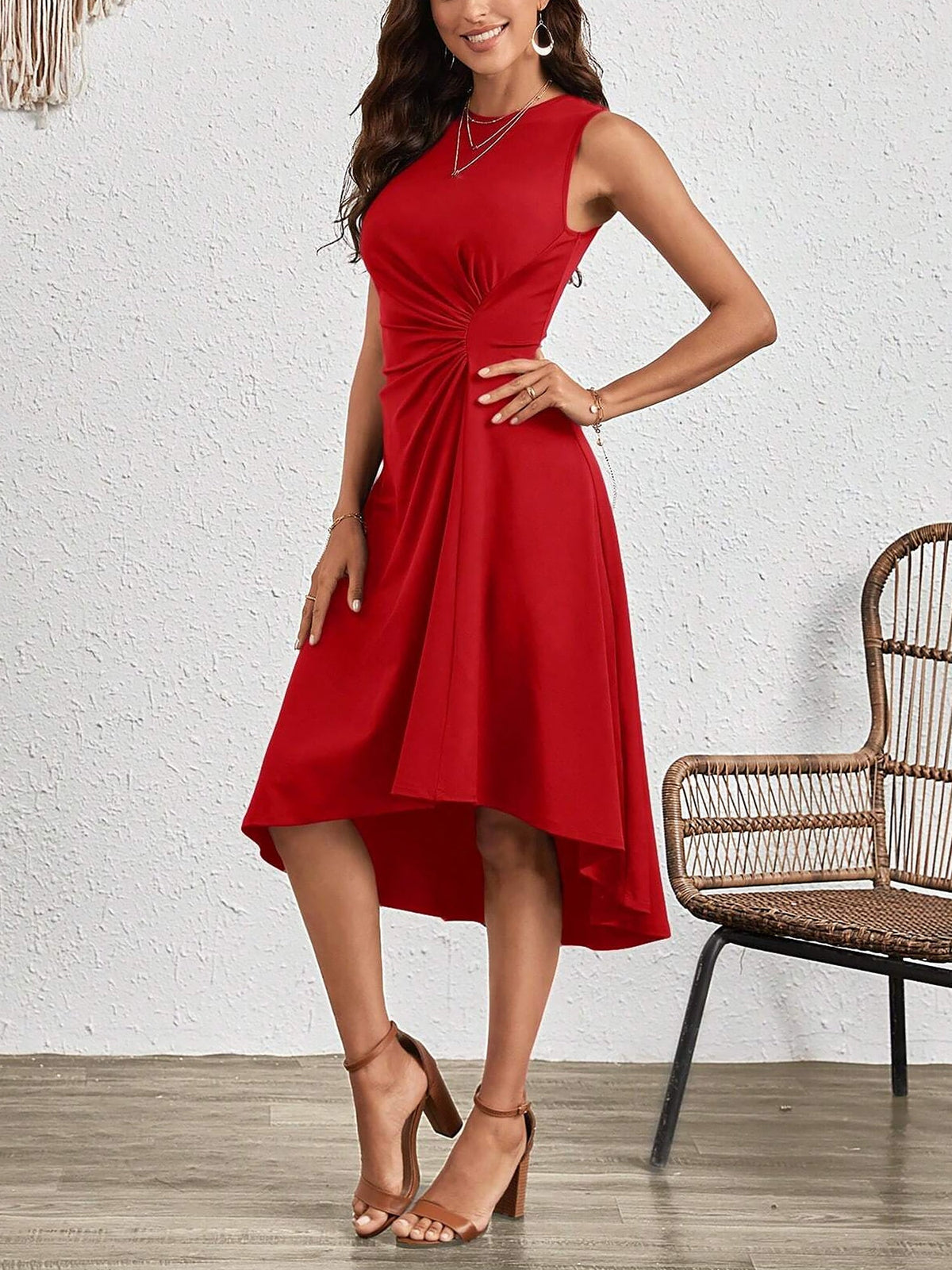 Sleeveless Ruched Irregular Hem Midi Dress
