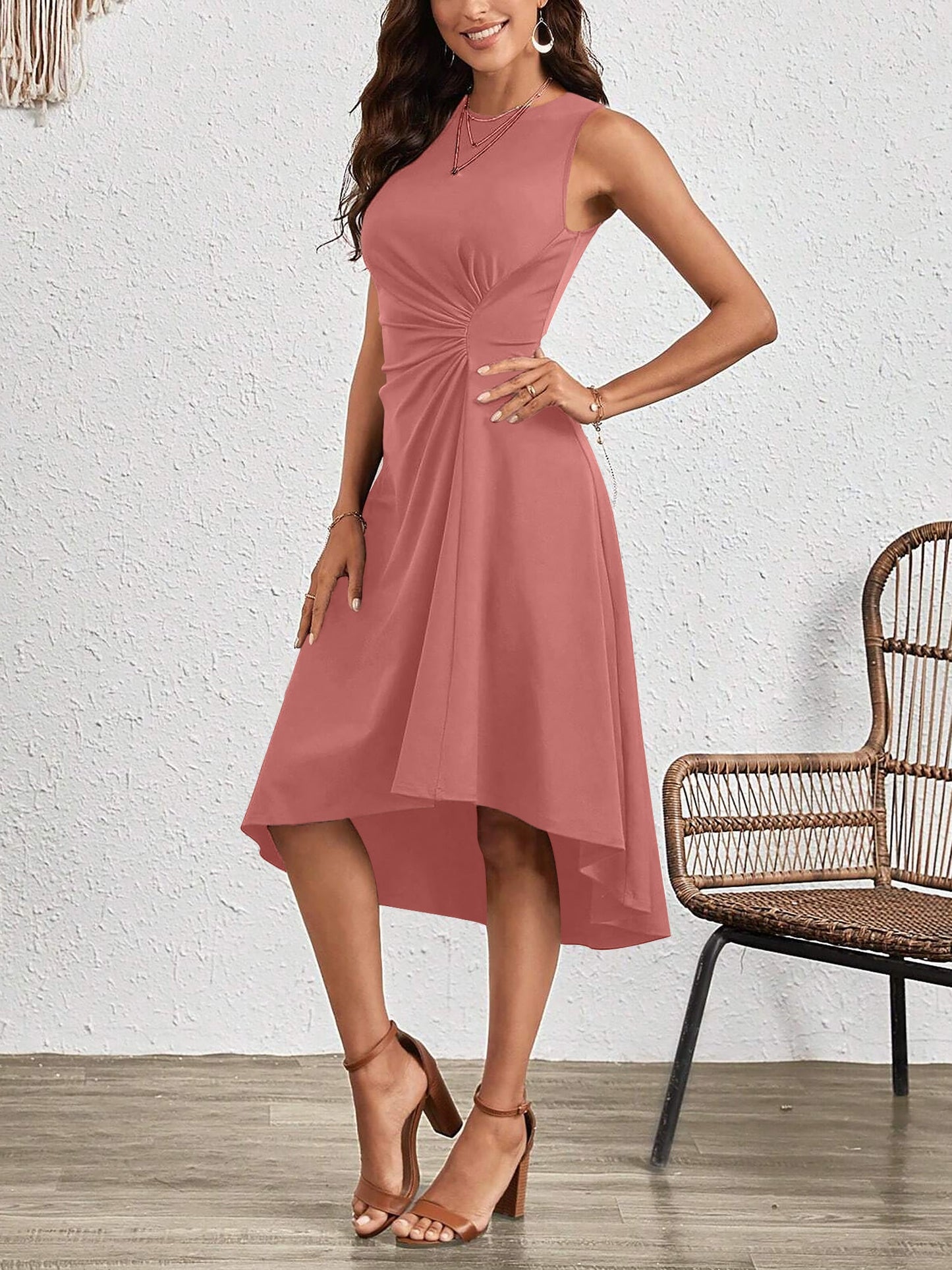 Sleeveless Ruched Irregular Hem Midi Dress