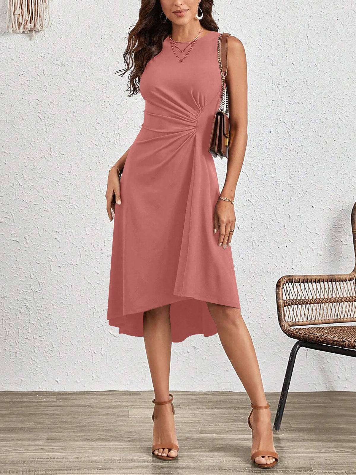 Sleeveless Ruched Irregular Hem Midi Dress