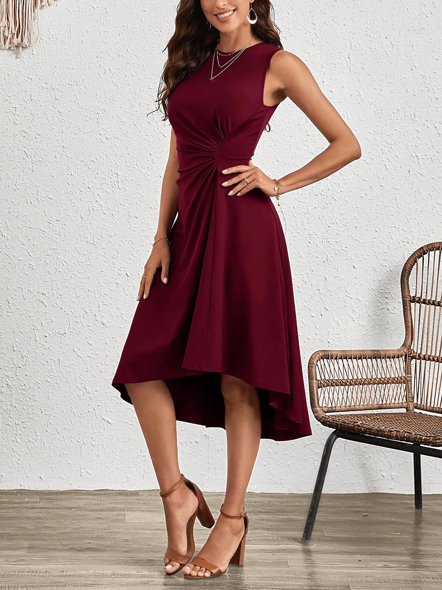 Sleeveless Ruched Irregular Hem Midi Dress