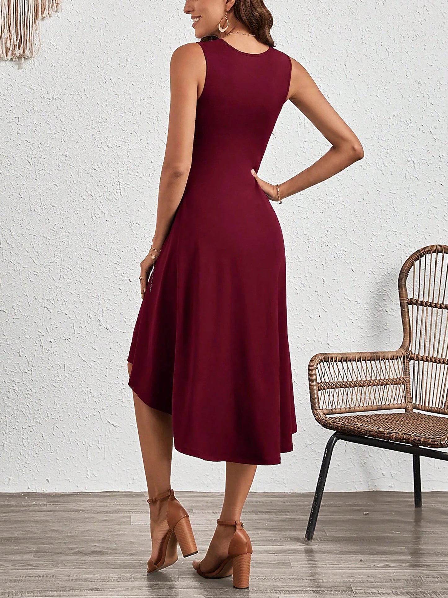 Sleeveless Ruched Irregular Hem Midi Dress