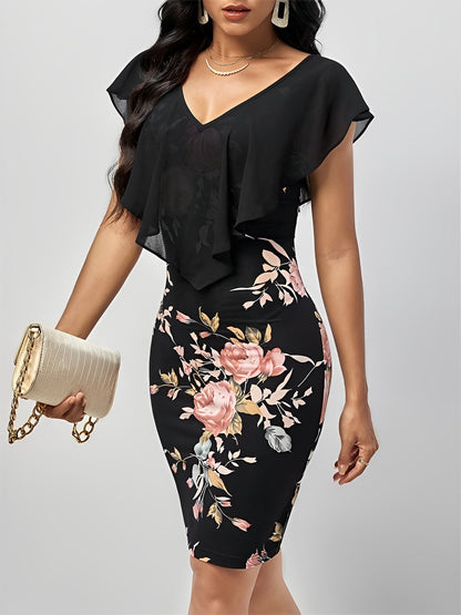 Ruffled Mesh Short Sleeves Floral Bodycon Midi Dress