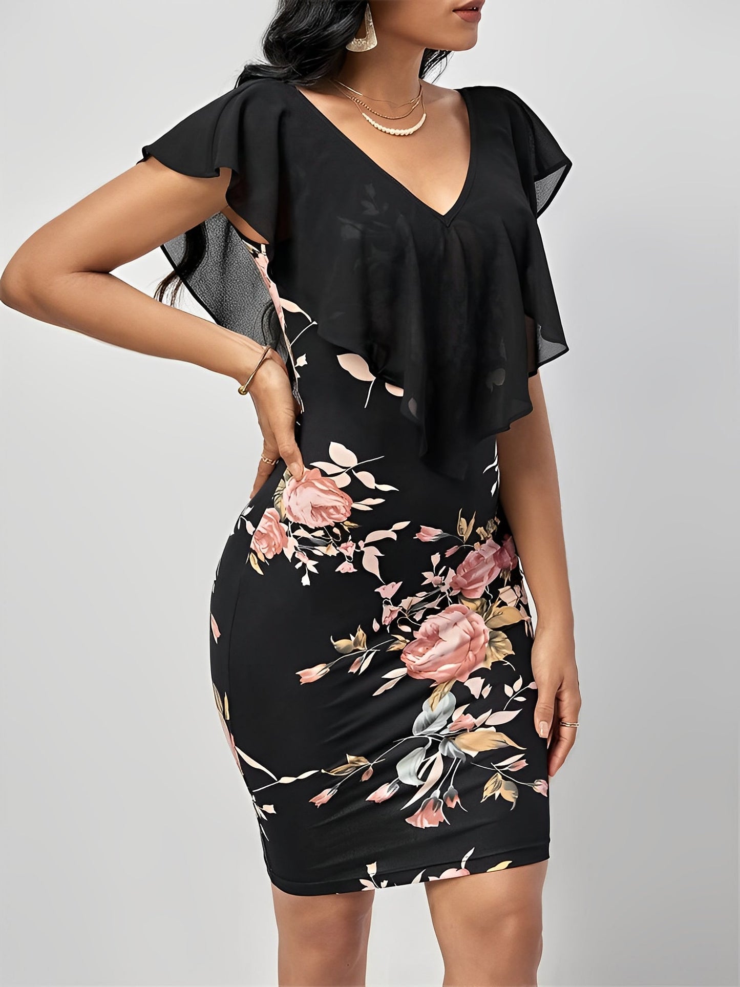 Ruffled Mesh Short Sleeves Floral Bodycon Midi Dress
