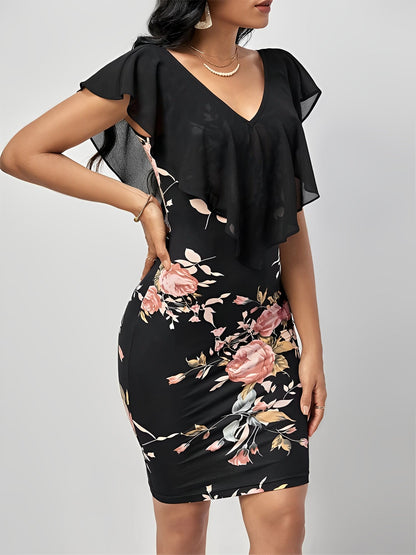 Ruffled Mesh Short Sleeves Floral Bodycon Midi Dress