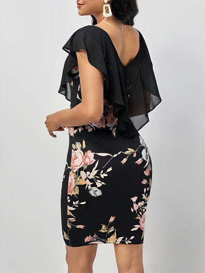Ruffled Mesh Short Sleeves Floral Bodycon Midi Dress