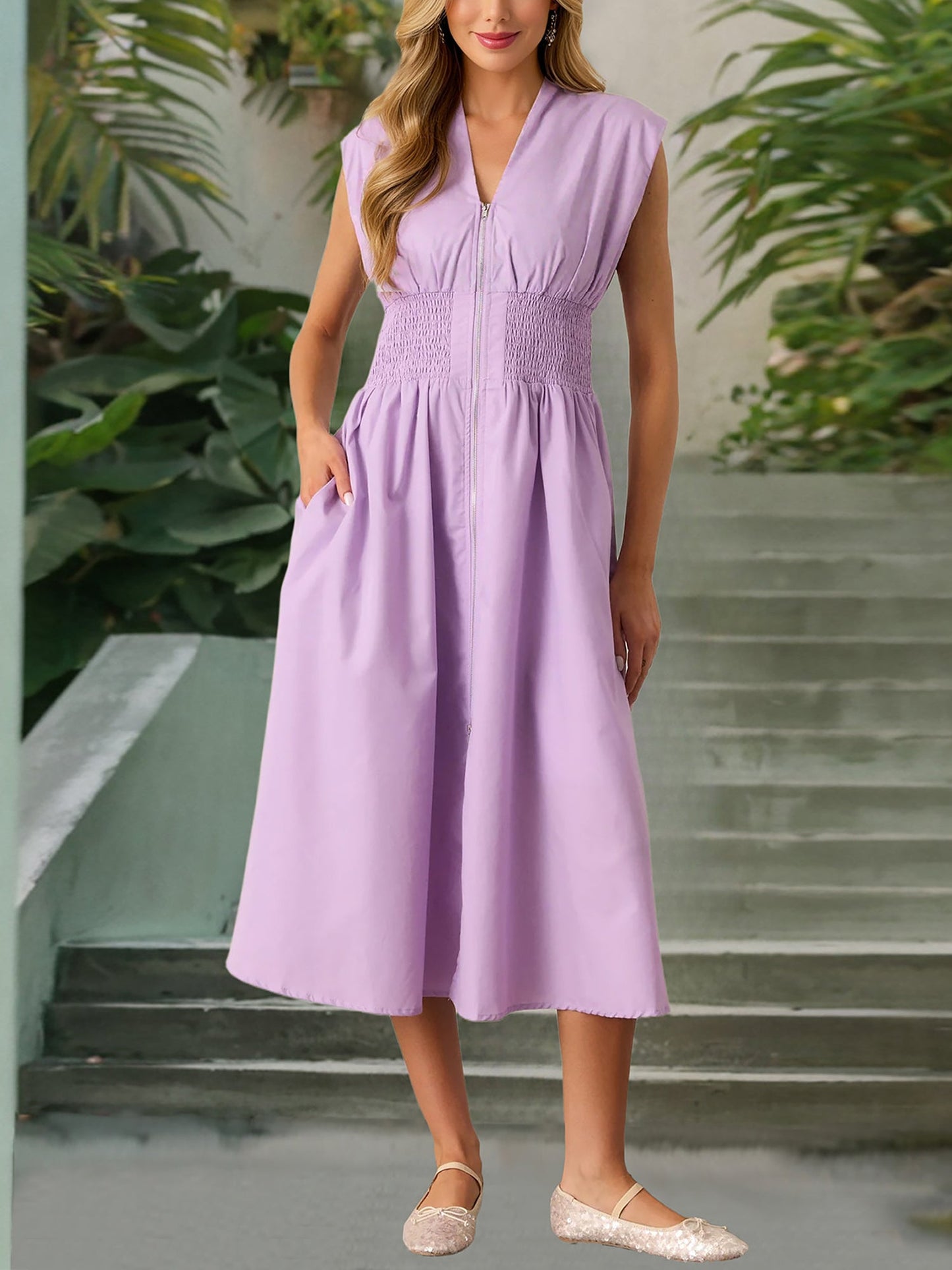 Casual Linen-Cotton Cap Sleeves V Neck Pocketed Zipper Slit Midi Dress