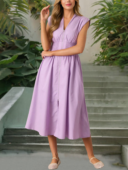 Casual Linen-Cotton Cap Sleeves V Neck Pocketed Zipper Slit Midi Dress