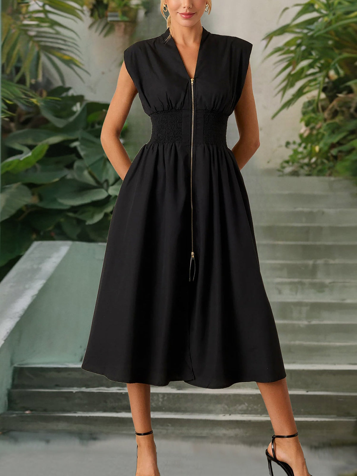 Casual Linen-Cotton Cap Sleeves V Neck Pocketed Zipper Slit Midi Dress