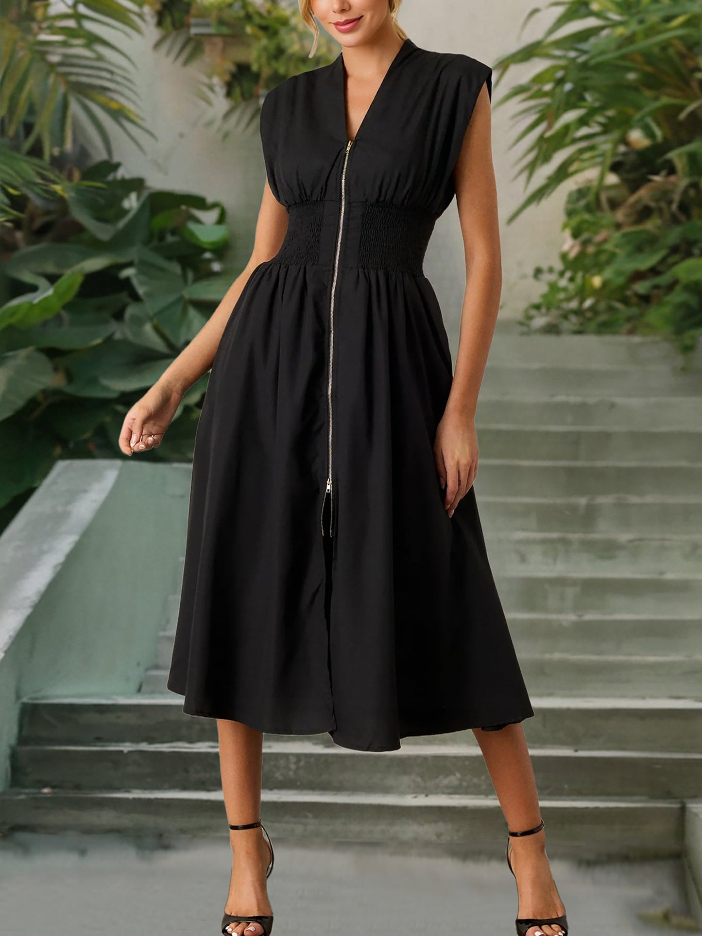Casual Linen-Cotton Cap Sleeves V Neck Pocketed Zipper Slit Midi Dress