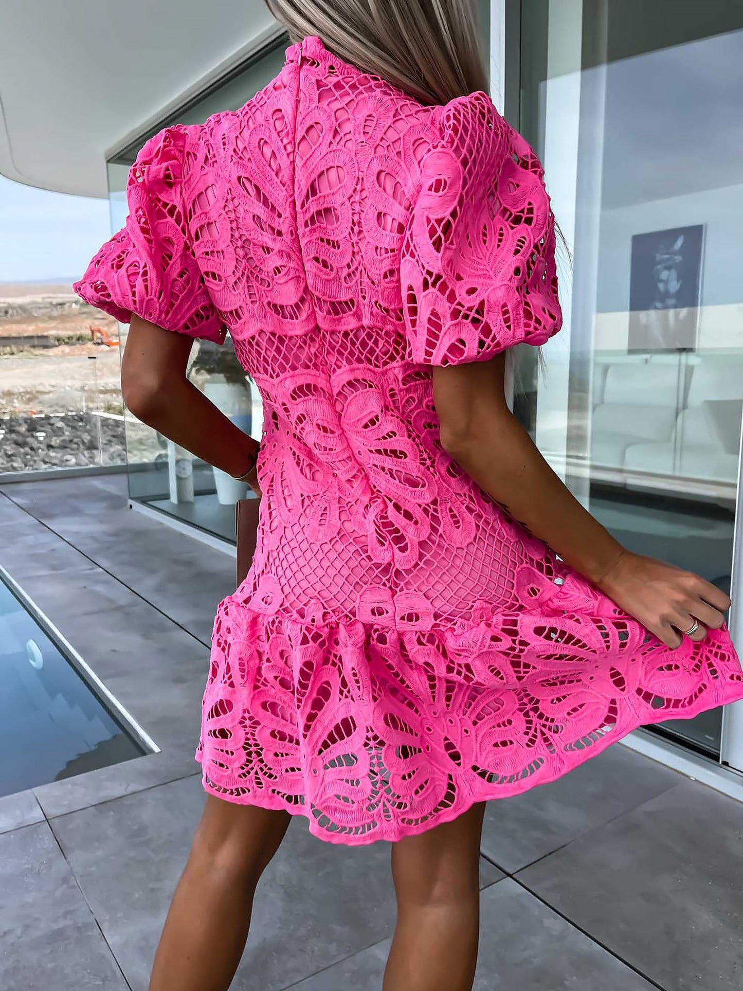 Premium Hollow Water Soluble Double-Layer Lace Elegant Breathable Commuter Dress