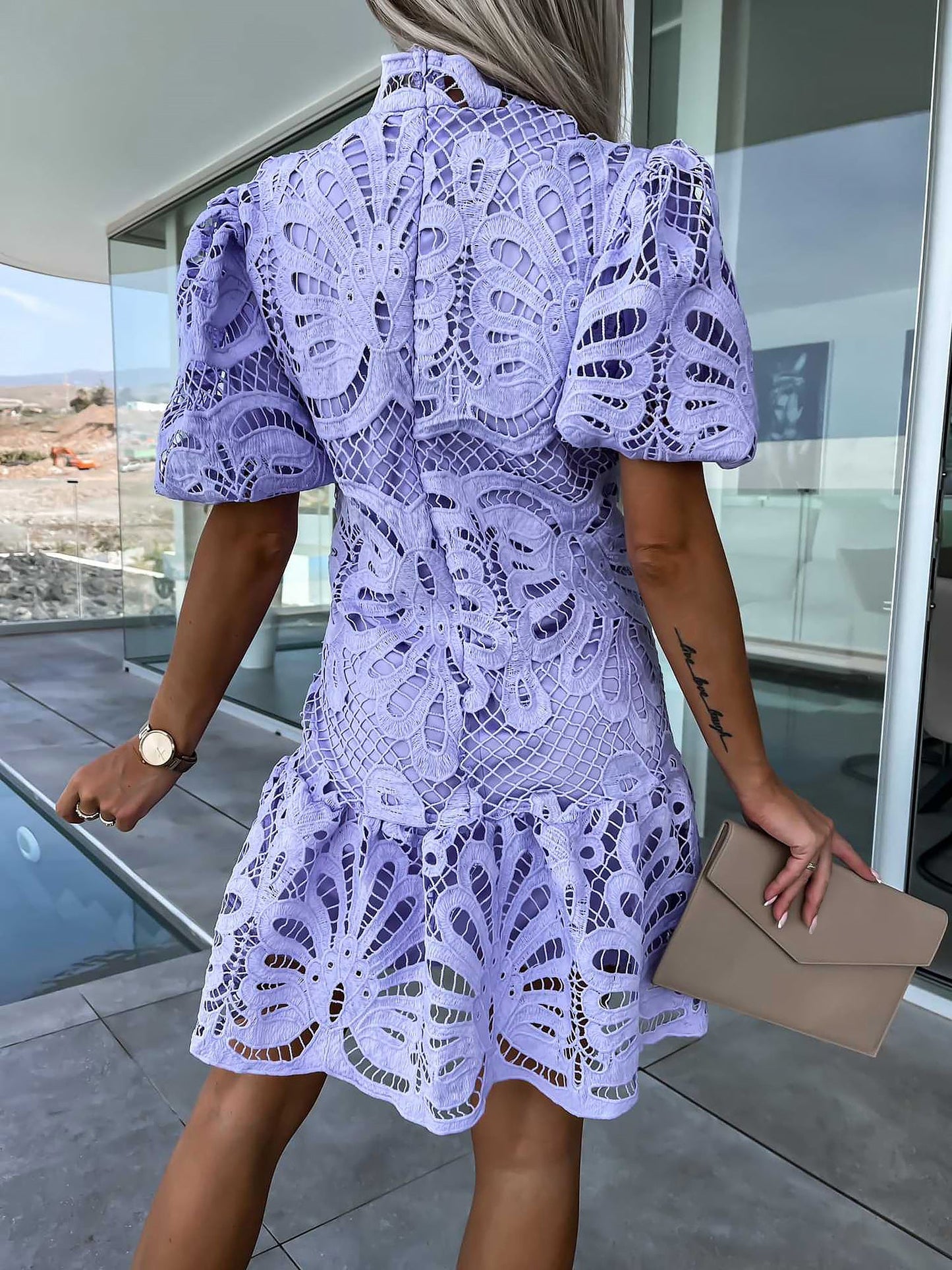 Premium Hollow Water Soluble Double-Layer Lace Elegant Breathable Commuter Dress