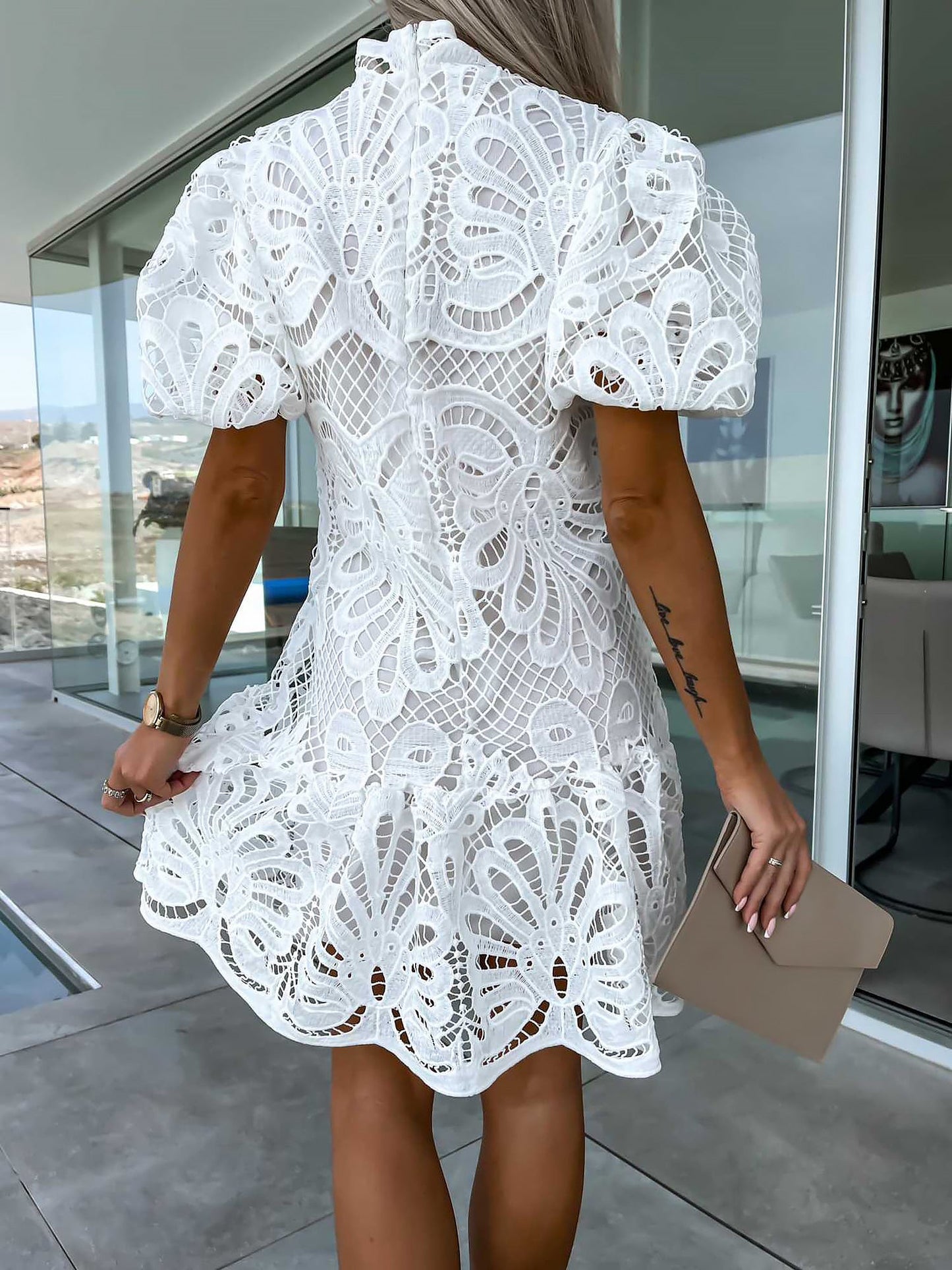 Premium Hollow Water Soluble Double-Layer Lace Elegant Breathable Commuter Dress