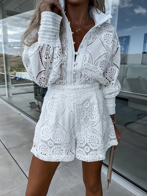 2 Pieces Boho Long Sleeves Eyelet Blouse & Shorts Set