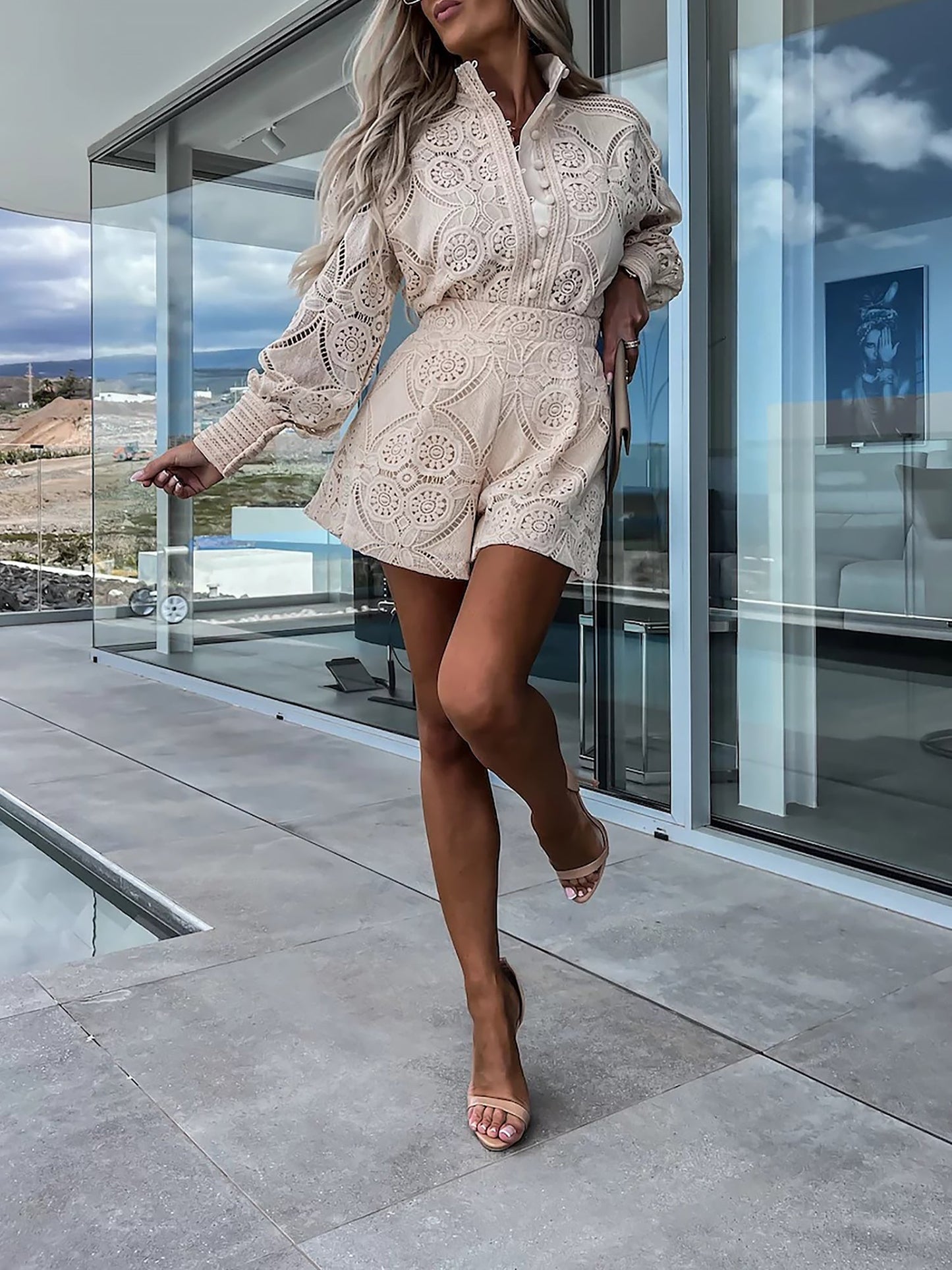 2 Pieces Boho Long Sleeves Eyelet Blouse & Shorts Set