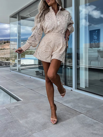 2 Pieces Boho Long Sleeves Eyelet Blouse & Shorts Set