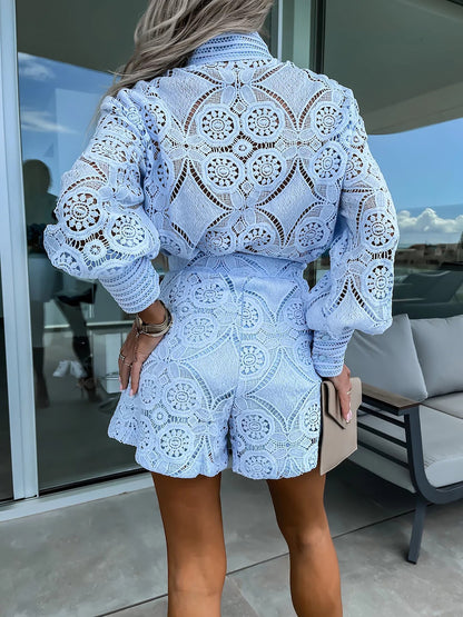2 Pieces Boho Long Sleeves Eyelet Blouse & Shorts Set
