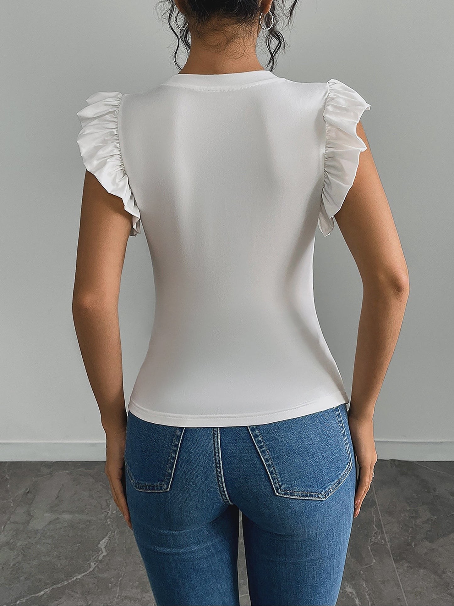 Ruffled Cap Sleeves Flower Decor Blouse