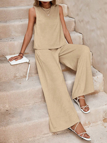 2 Pieces Solid Color Sleeves Top & Wide Leg Pants Lounge Set