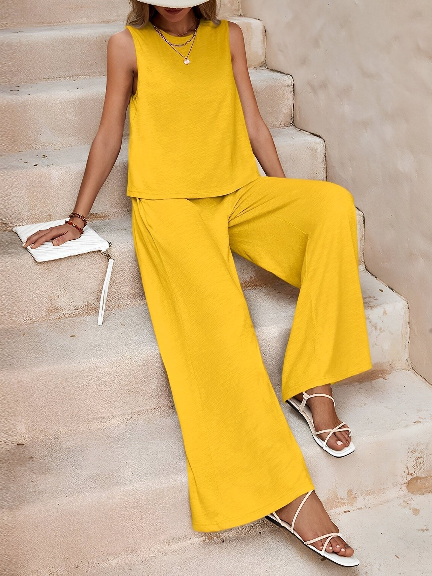 2 Pieces Solid Color Sleeves Top & Wide Leg Pants Lounge Set