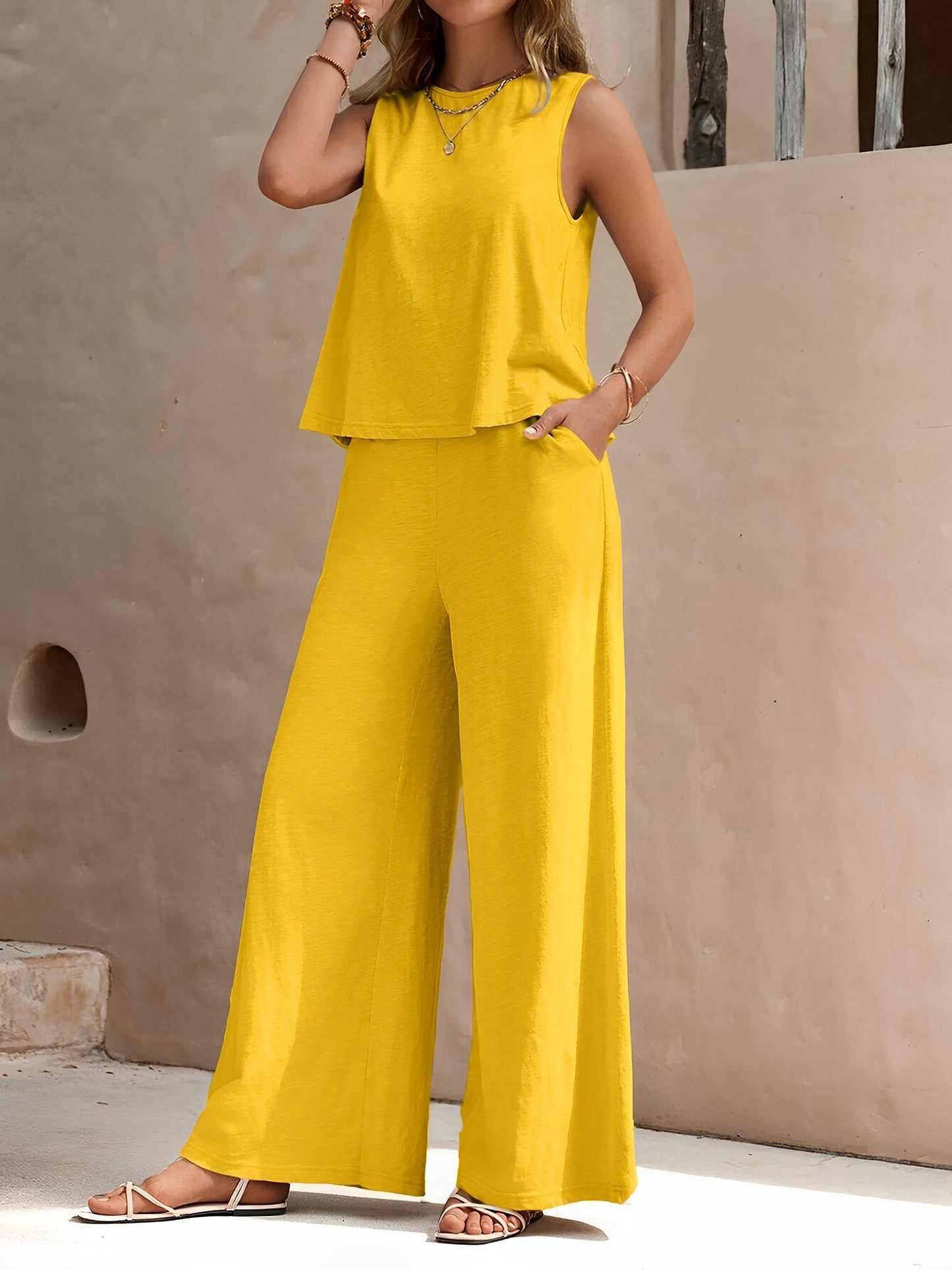 2 Pieces Solid Color Sleeves Top & Wide Leg Pants Lounge Set