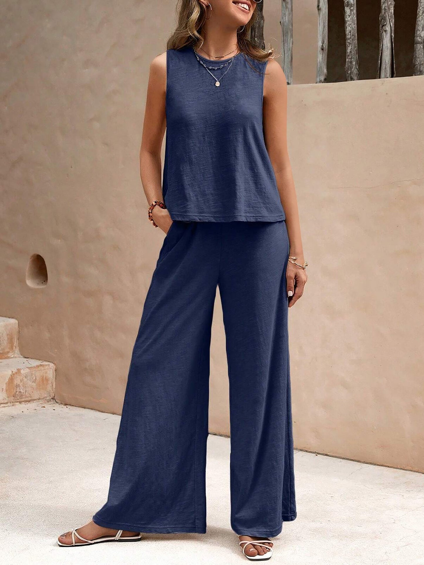 2 Pieces Solid Color Sleeves Top & Wide Leg Pants Lounge Set