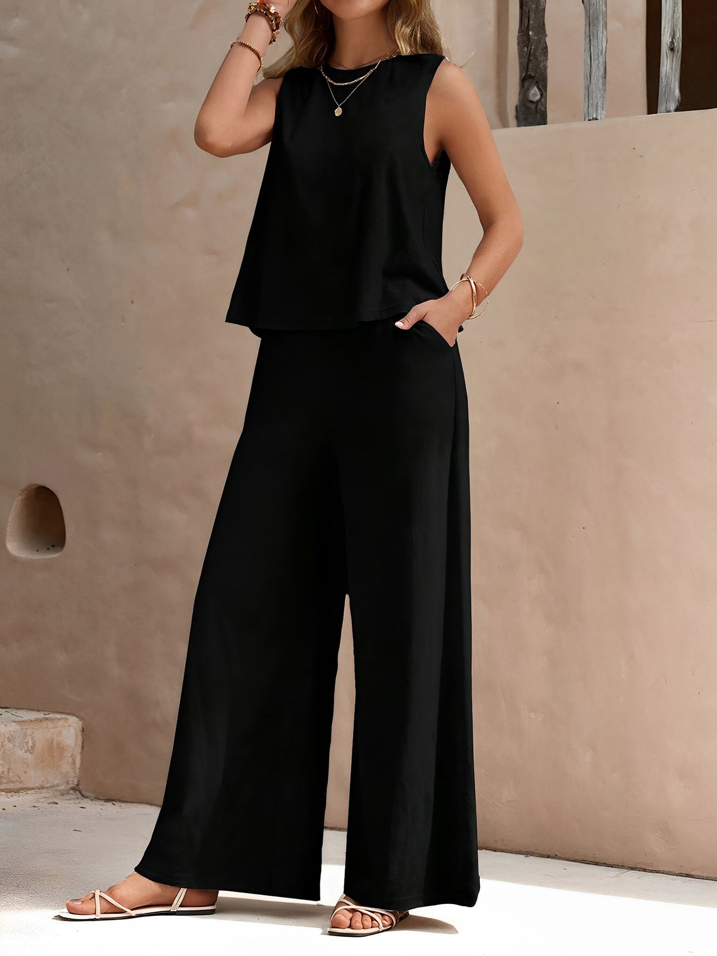 2 Pieces Solid Color Sleeves Top & Wide Leg Pants Lounge Set