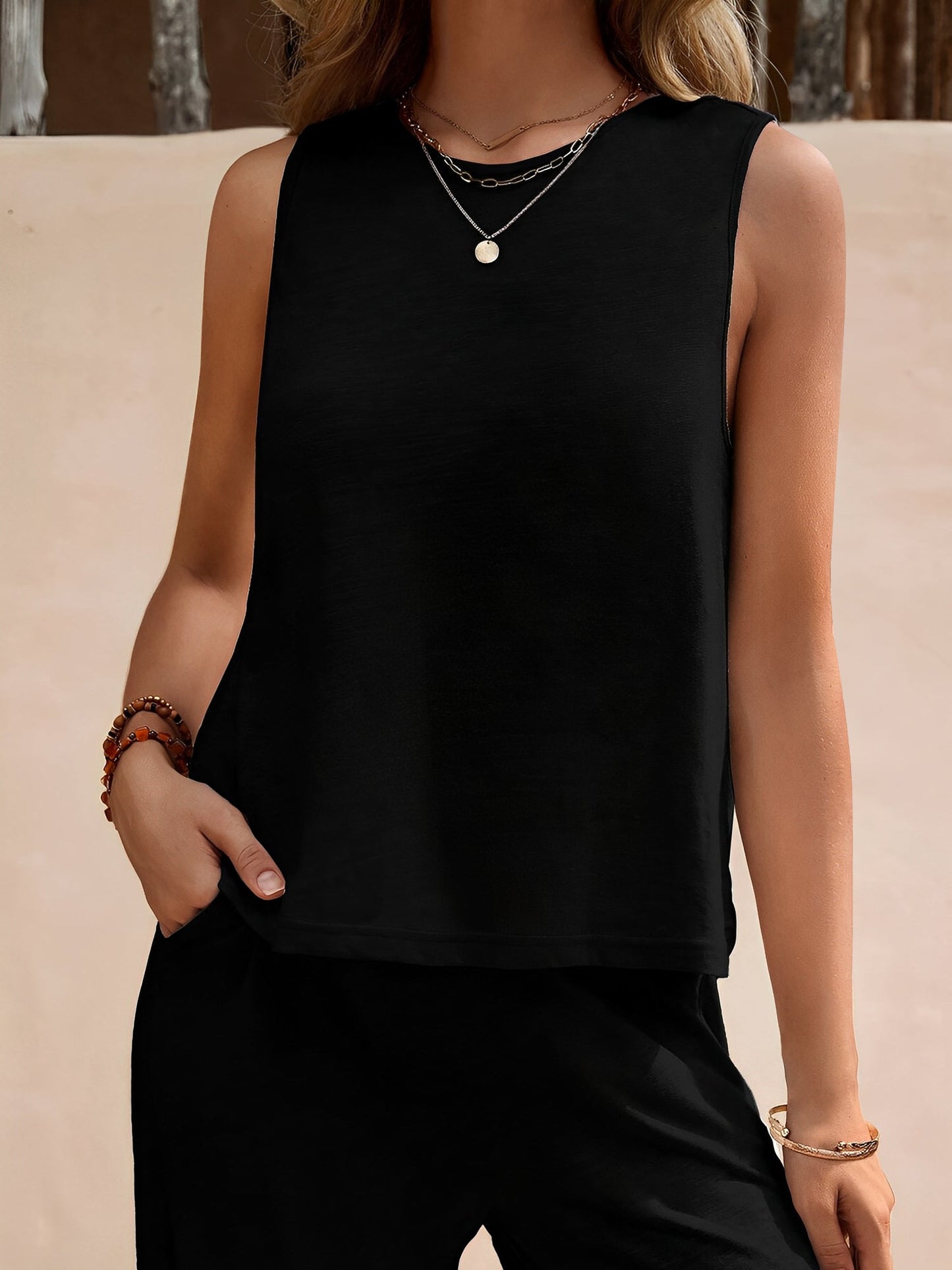 2 Pieces Solid Color Sleeves Top & Wide Leg Pants Lounge Set