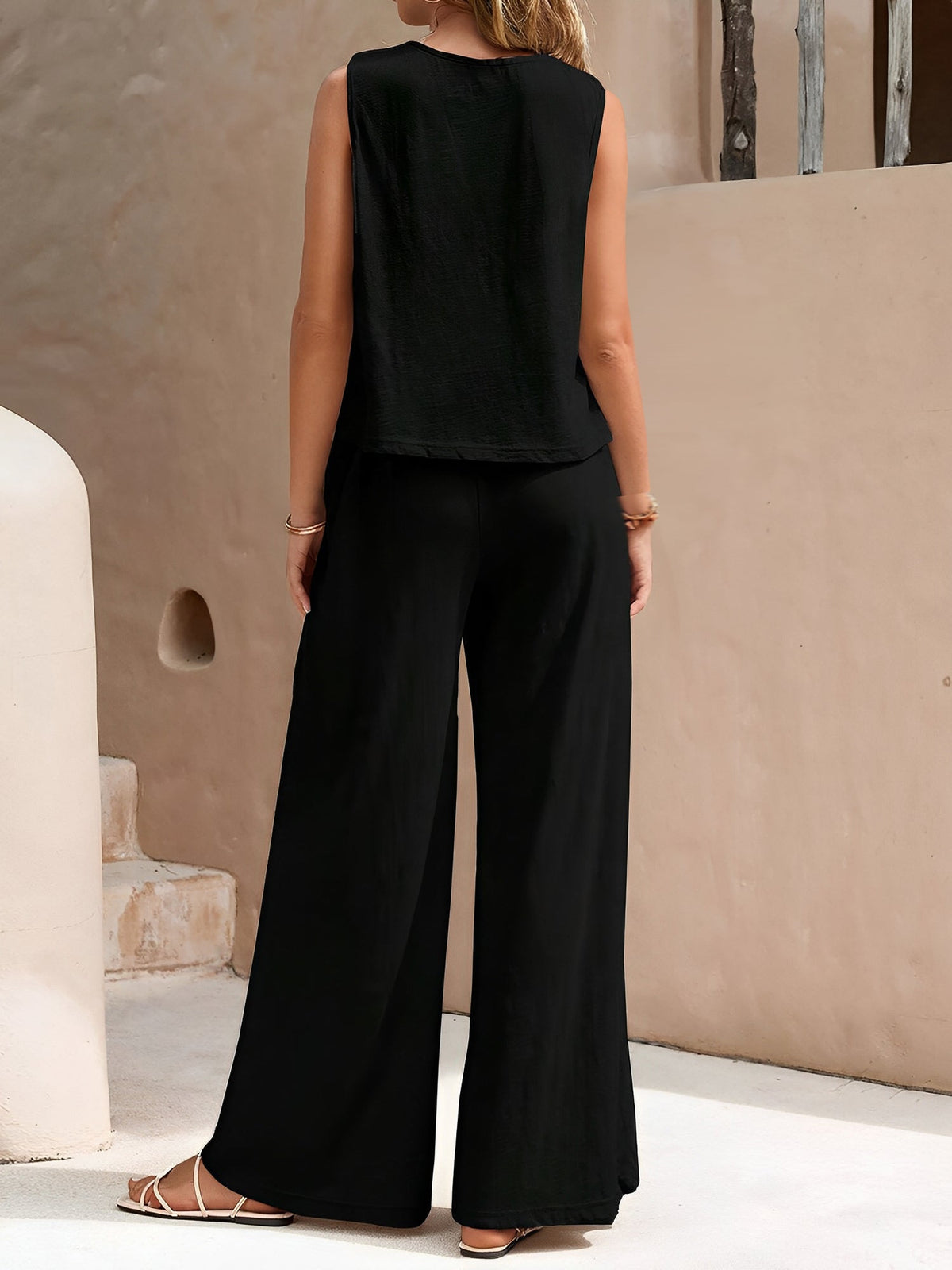 2 Pieces Solid Color Sleeves Top & Wide Leg Pants Lounge Set