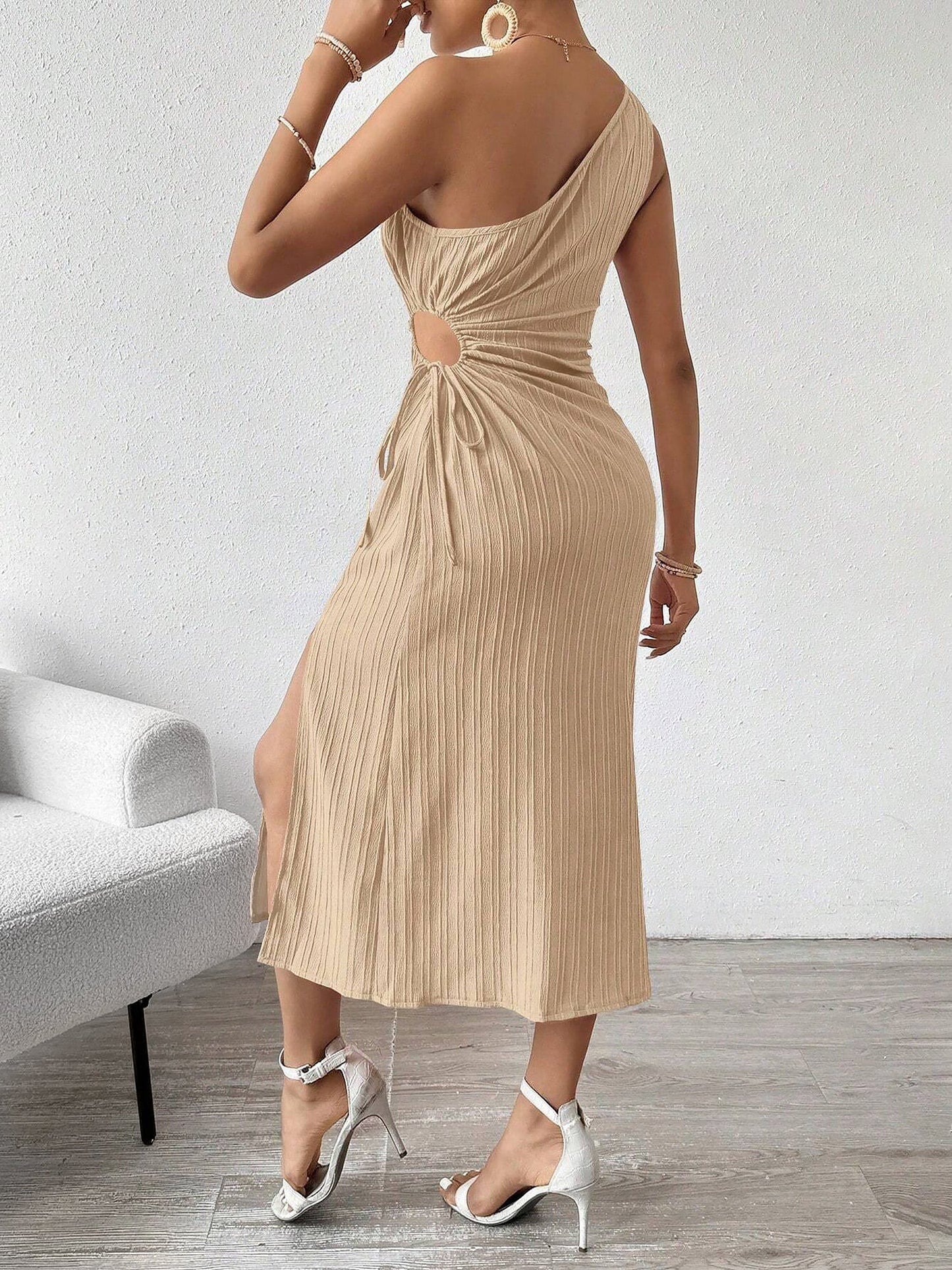 One Shoulder Sleeveless Cut-Out Slit Midi Dress