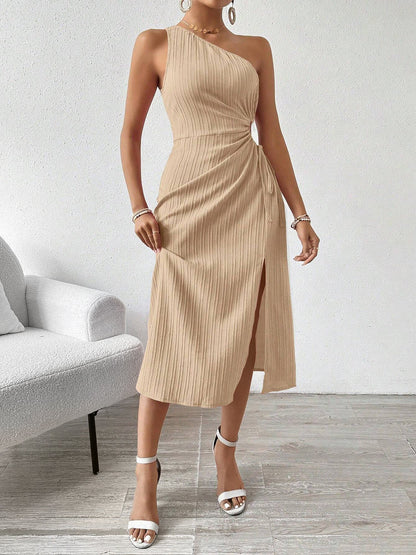 One Shoulder Sleeveless Cut-Out Slit Midi Dress