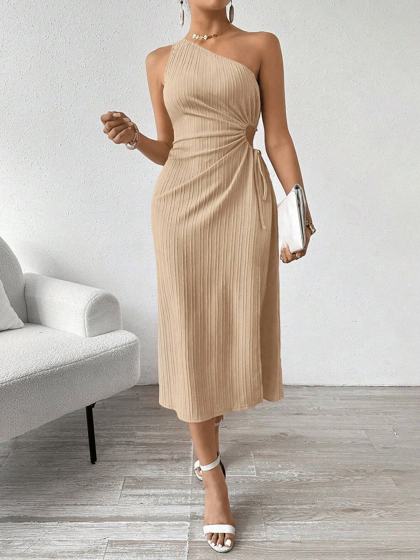 One Shoulder Sleeveless Cut-Out Slit Midi Dress