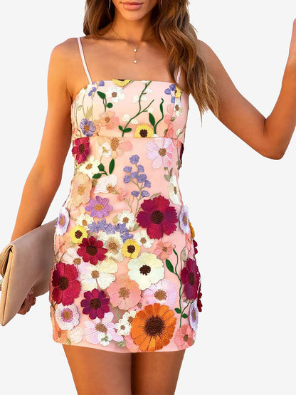 Floral Embroidery Spaghetti Strap Mini Dress