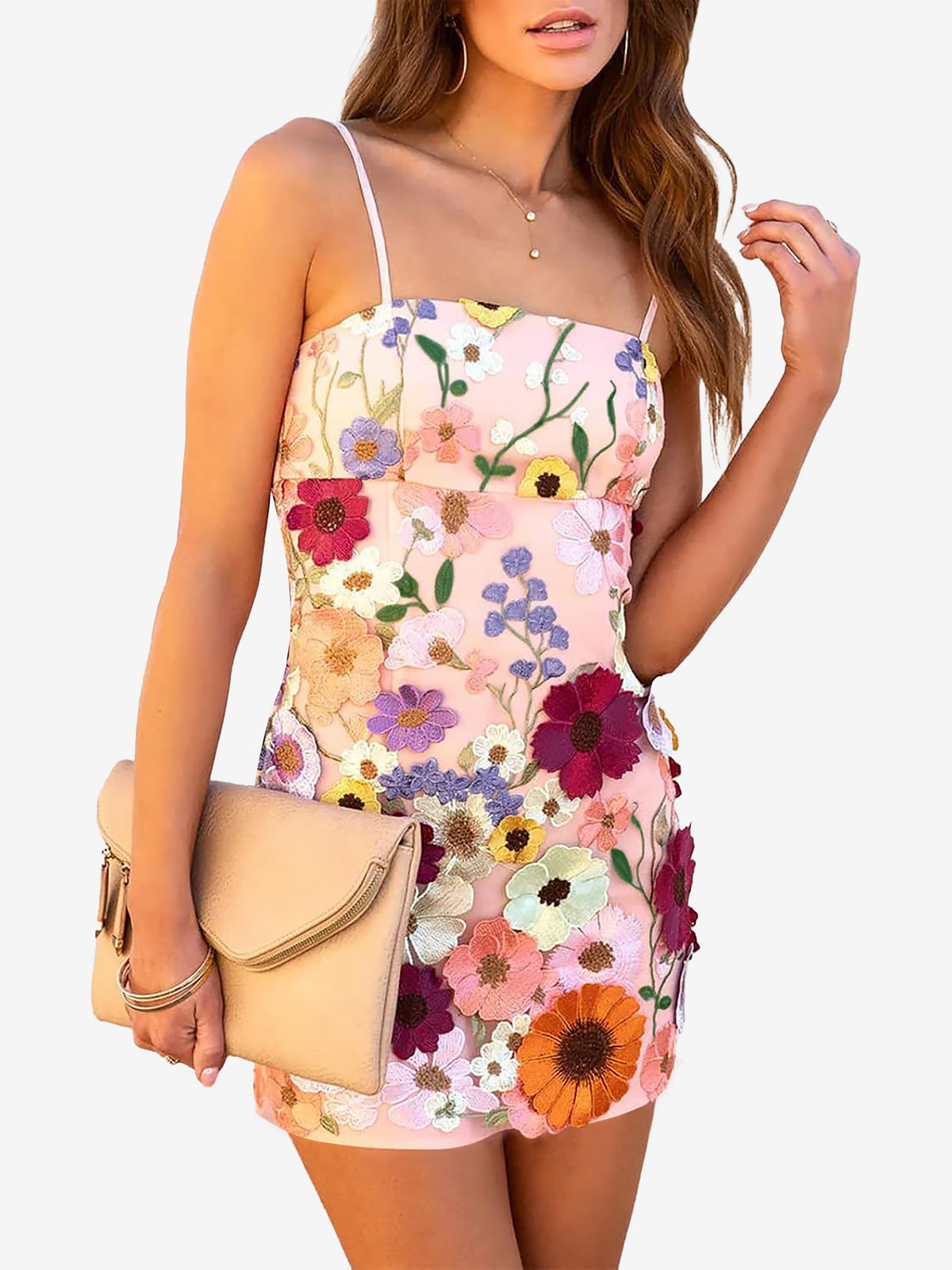 Floral Embroidery Spaghetti Strap Mini Dress