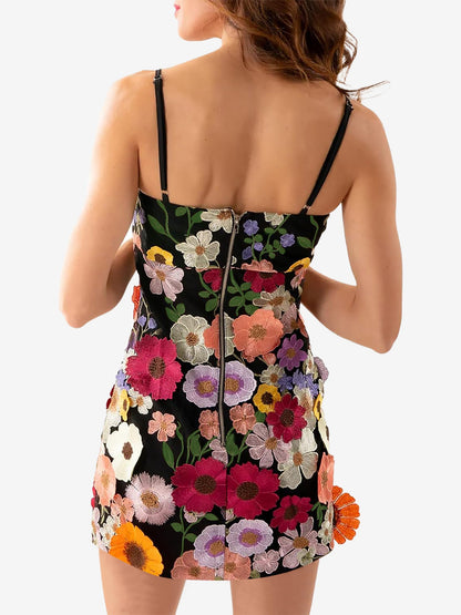 Floral Embroidery Spaghetti Strap Mini Dress