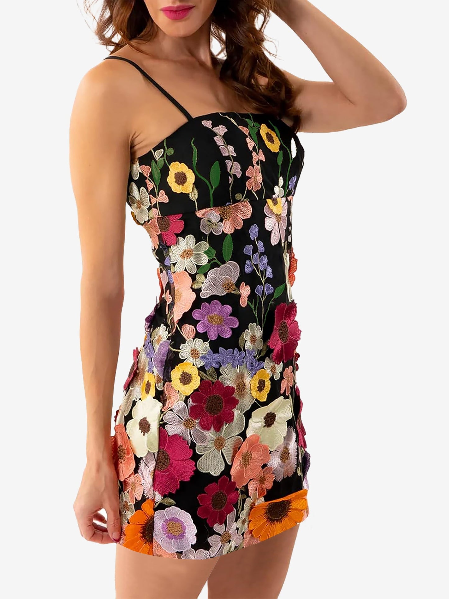 Floral Embroidery Spaghetti Strap Mini Dress