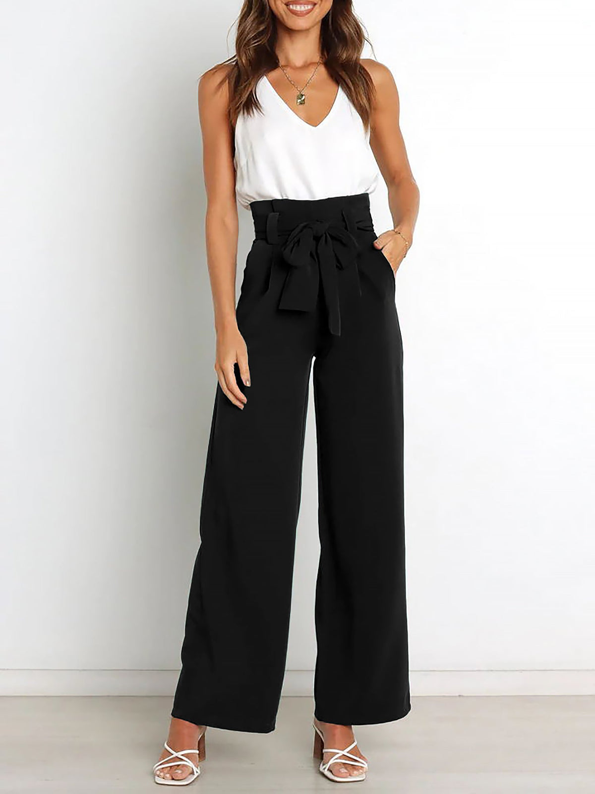 Wide Leg Tie Waist Versatile Paper Bag Pants