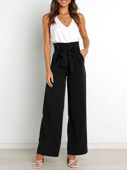 Wide Leg Tie Waist Versatile Paper Bag Pants