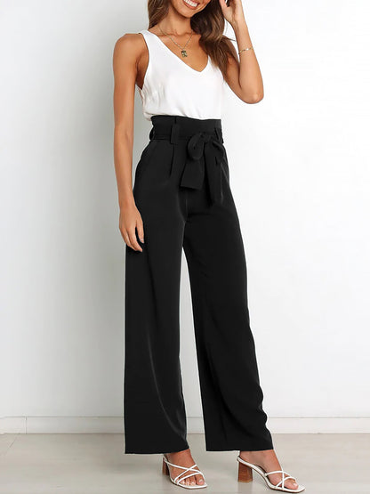 Wide Leg Tie Waist Versatile Paper Bag Pants