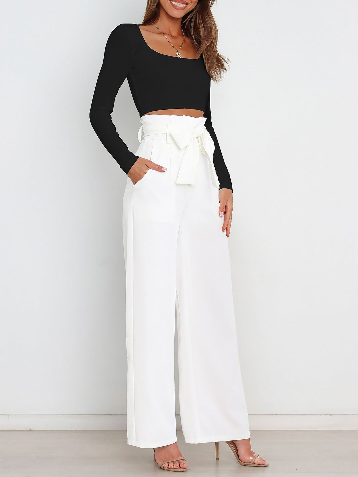 Wide Leg Tie Waist Versatile Paper Bag Pants