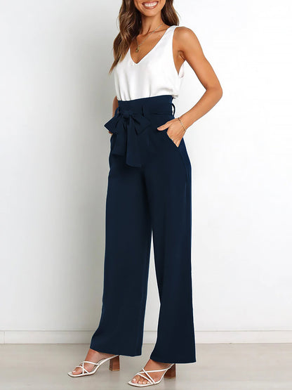 Wide Leg Tie Waist Versatile Paper Bag Pants