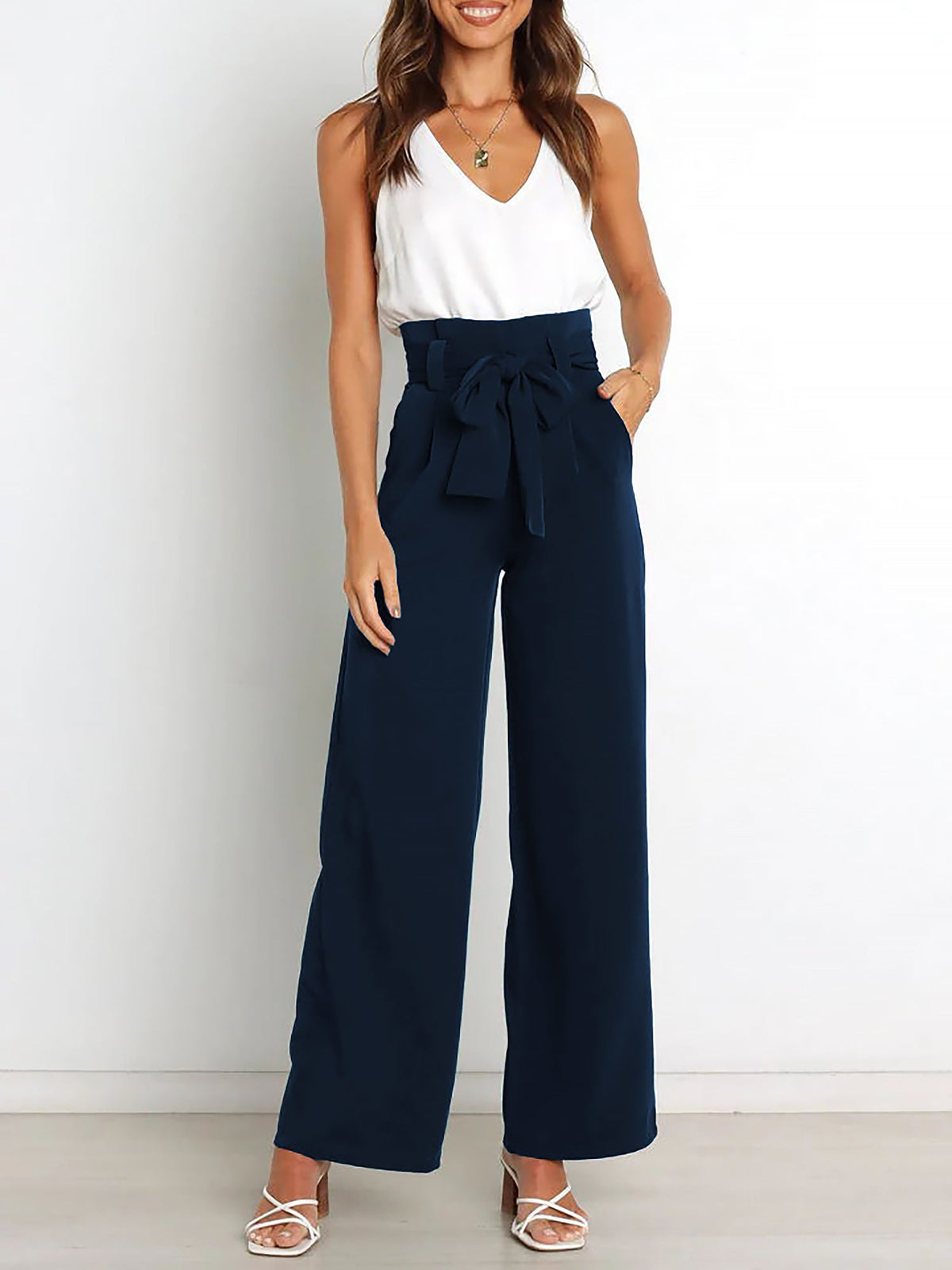 Wide Leg Tie Waist Versatile Paper Bag Pants