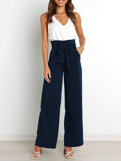 Wide Leg Tie Waist Versatile Paper Bag Pants