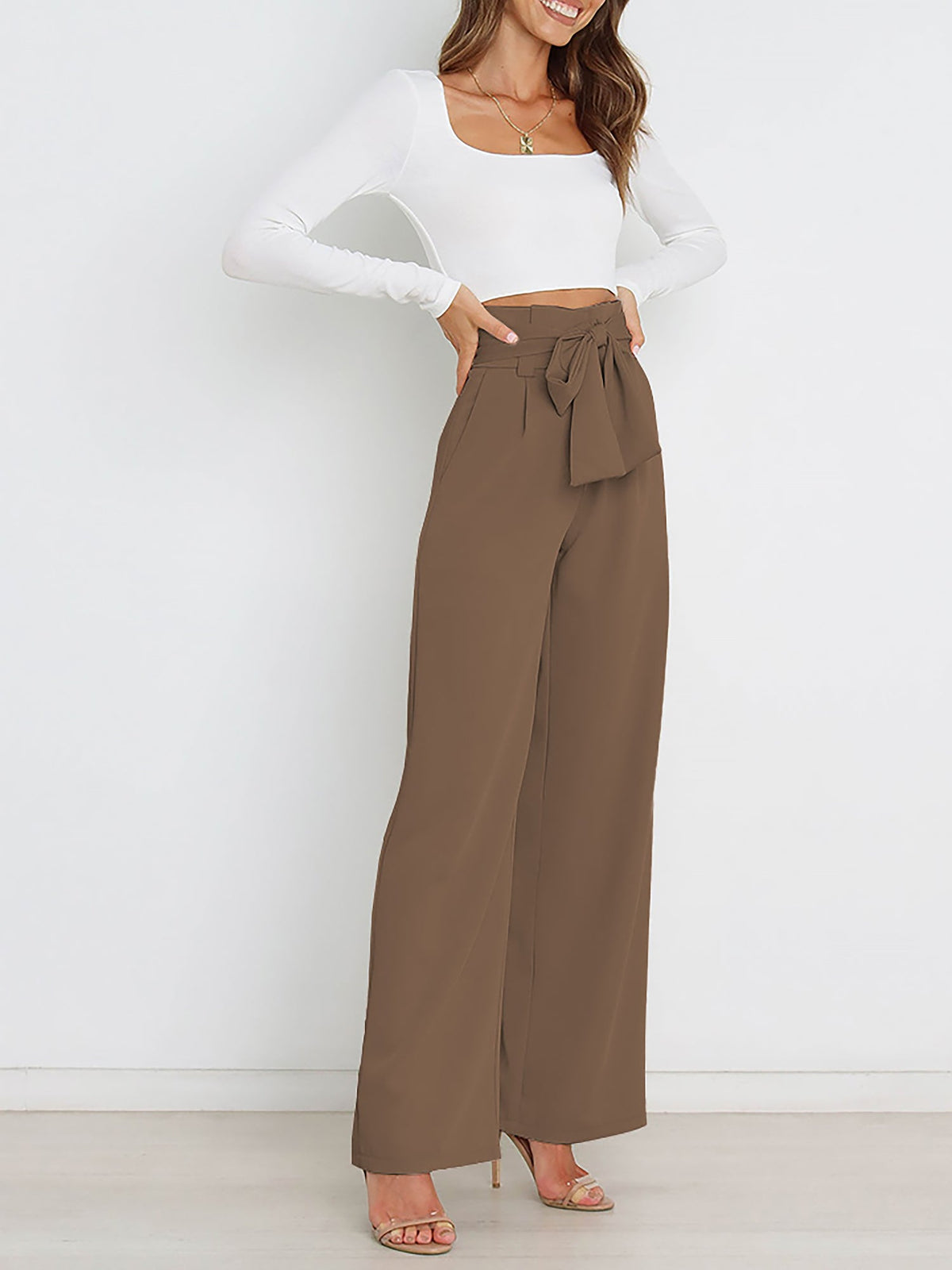Wide Leg Tie Waist Versatile Paper Bag Pants