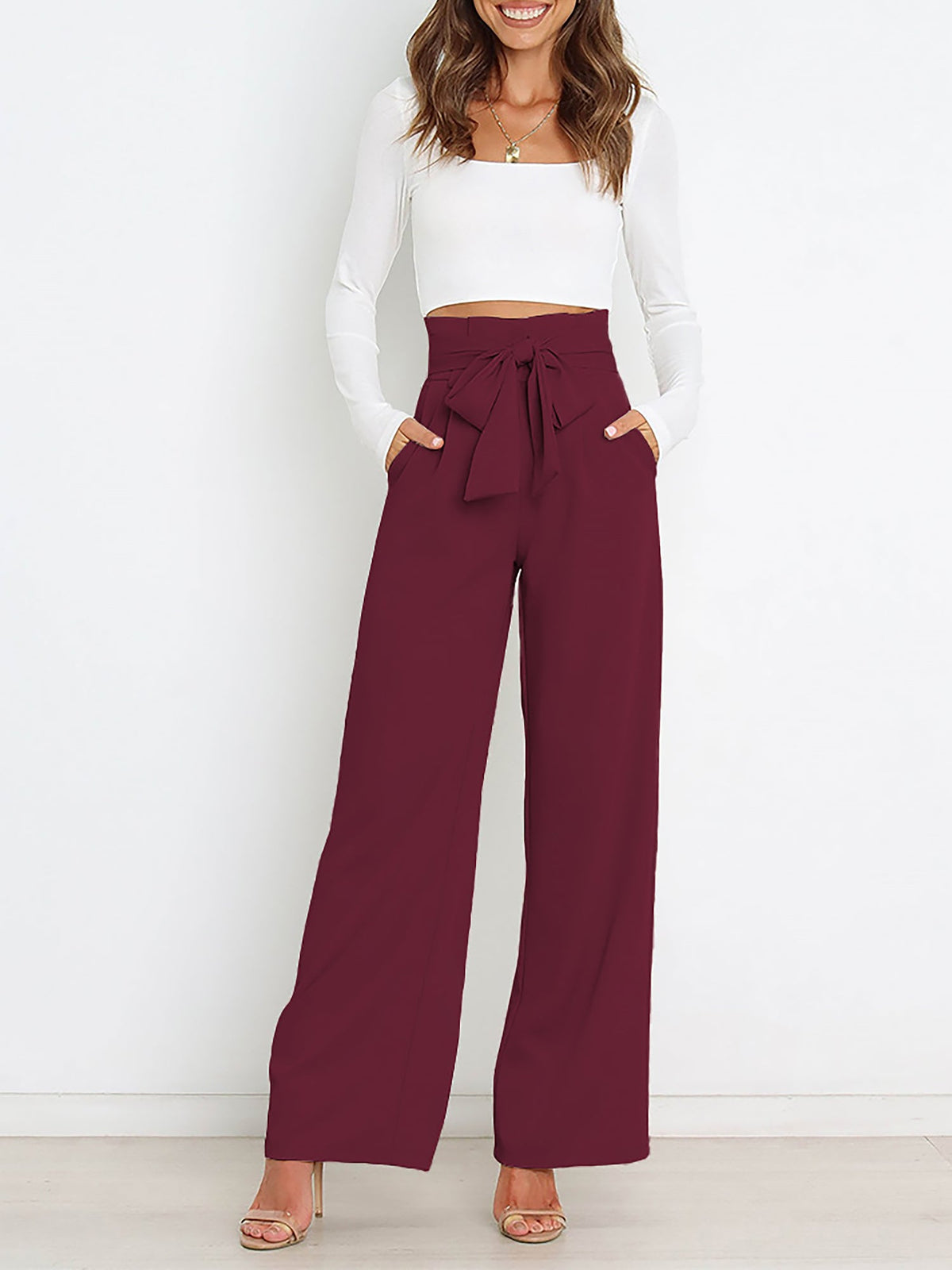 Wide Leg Tie Waist Versatile Paper Bag Pants