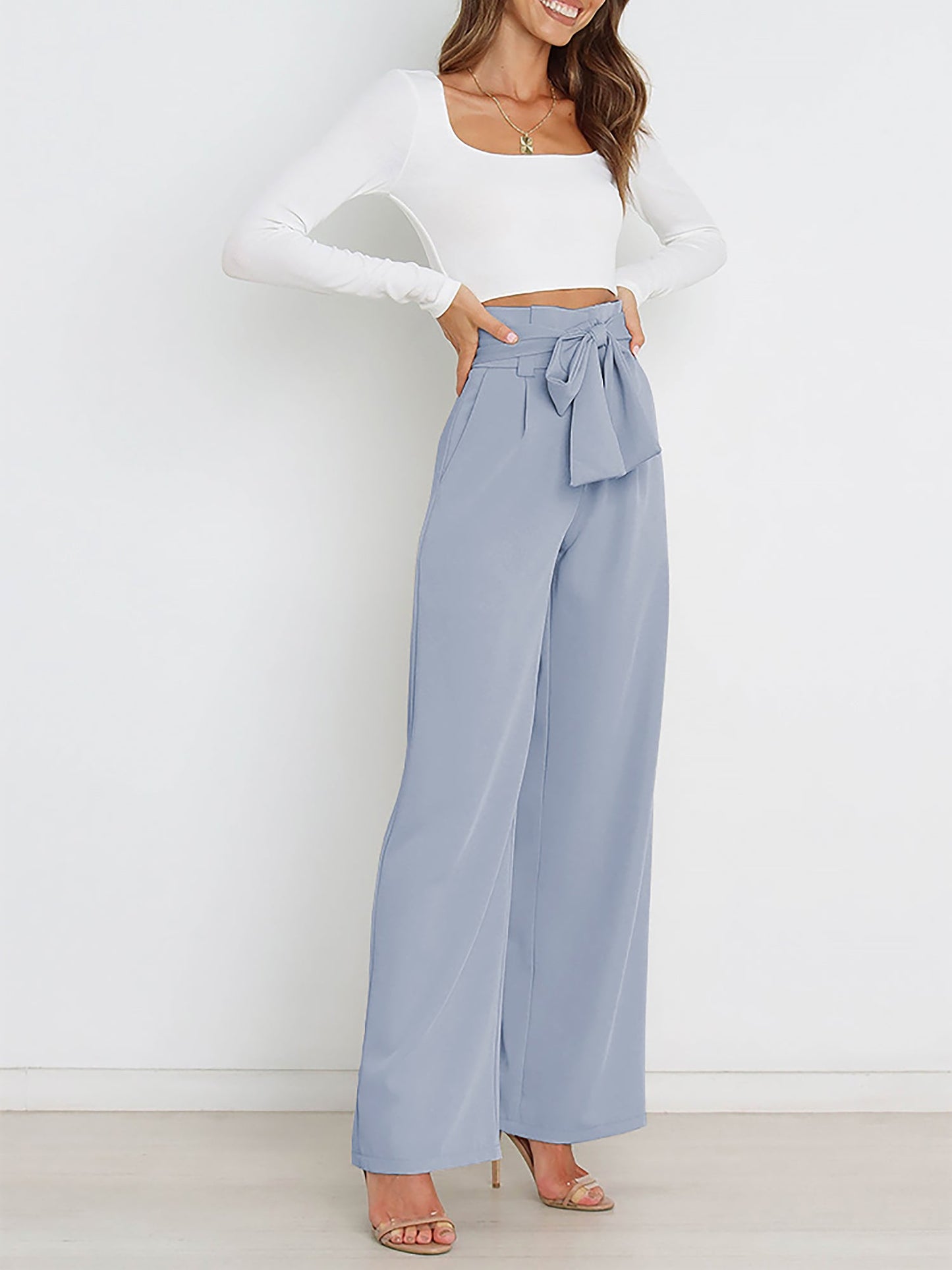 Wide Leg Tie Waist Versatile Paper Bag Pants