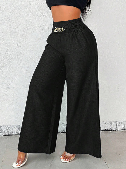 Smocked Elastic Waist Wide Leg Trousers Pants