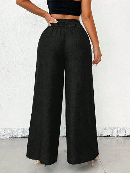 Smocked Elastic Waist Wide Leg Trousers Pants