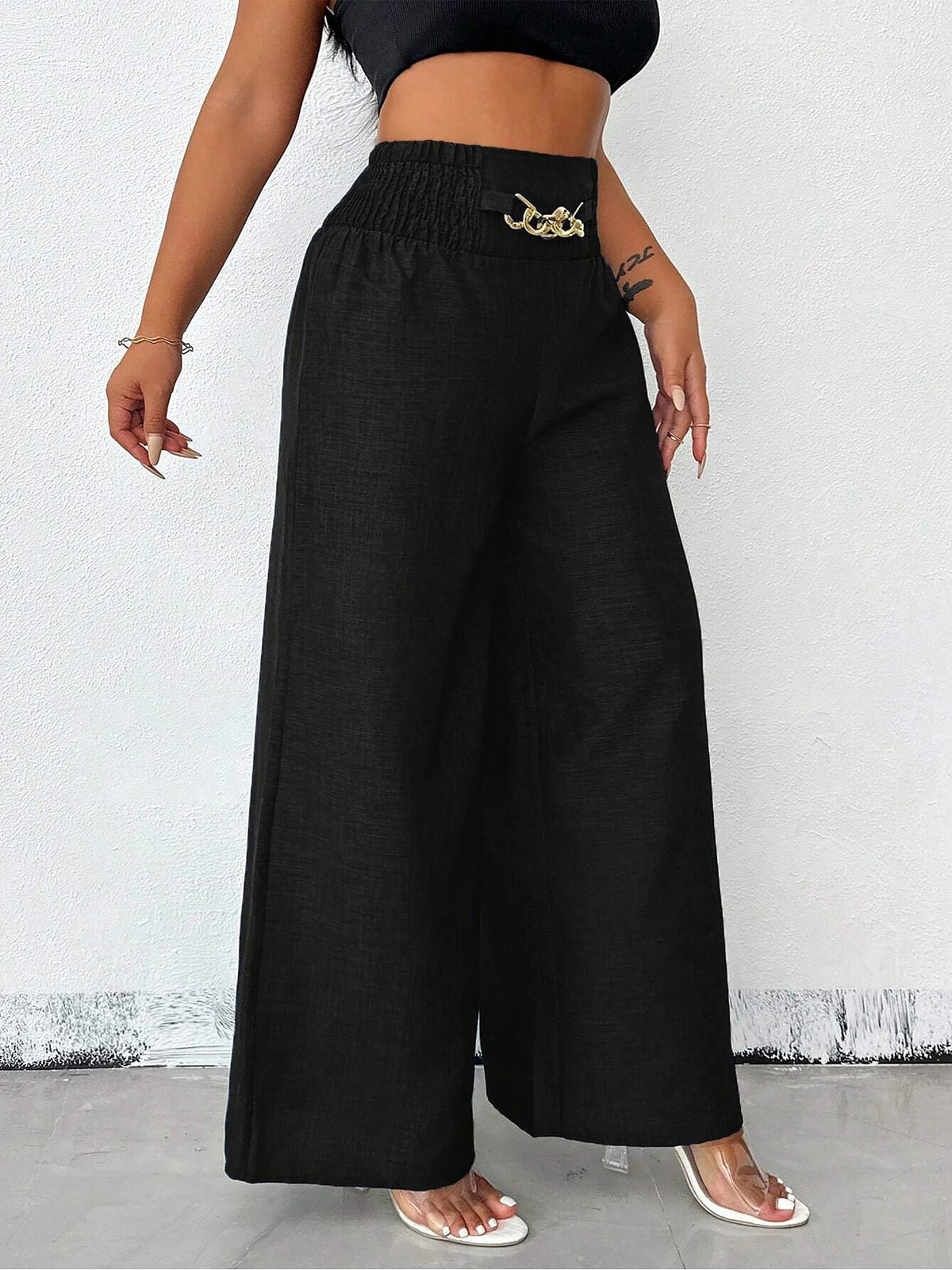 Smocked Elastic Waist Wide Leg Trousers Pants