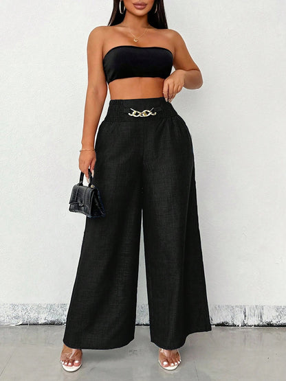Smocked Elastic Waist Wide Leg Trousers Pants